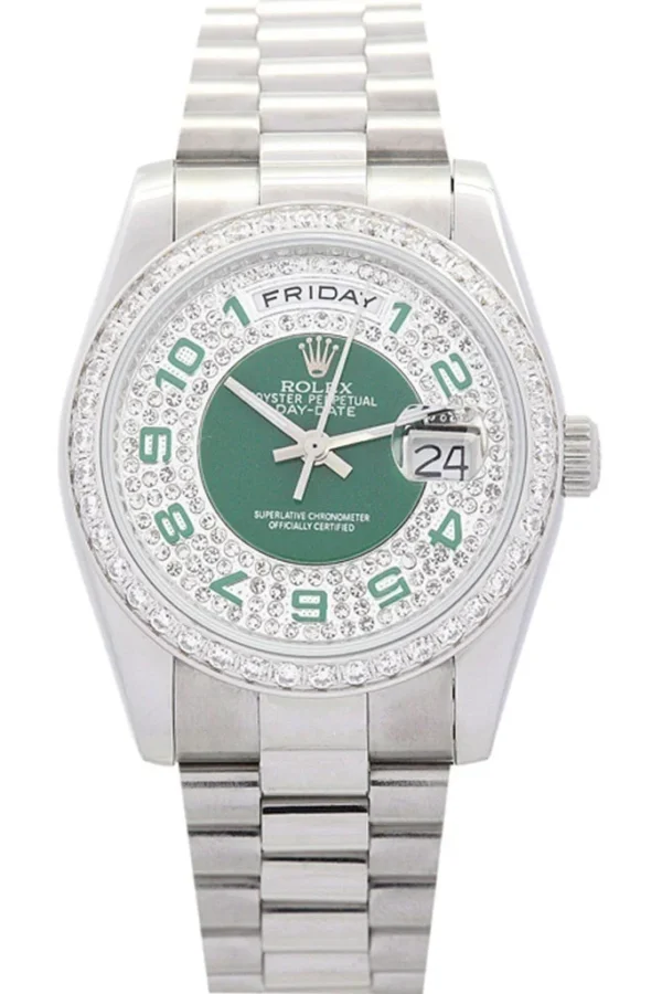 Replica Rolex Day-Date Green and Silver with Diamonds Dial 118346 36 mm